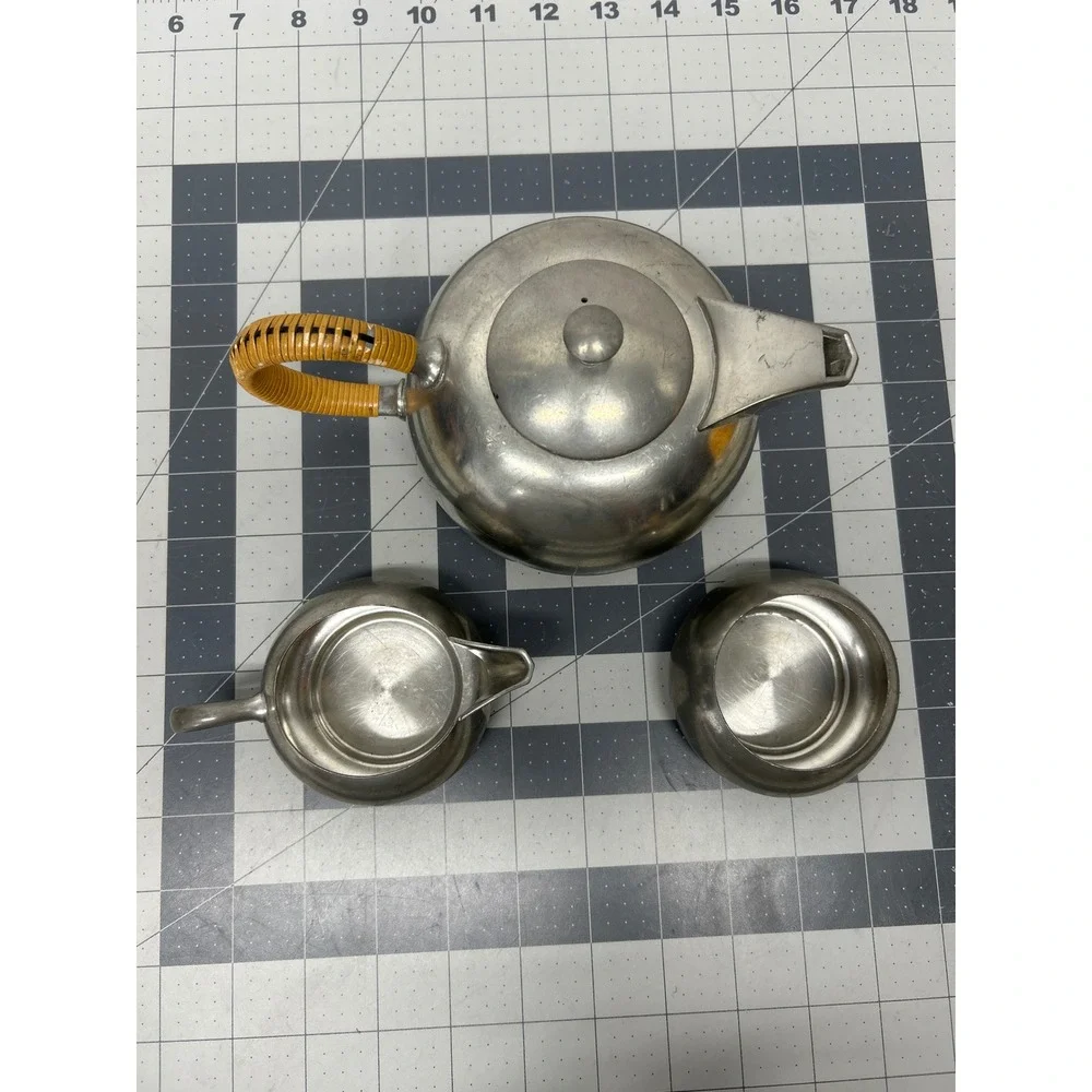 Vtg Royal Holland Pewter Tea Set Silver MCM Wicker Handle Teapot Creamer Sugar‎